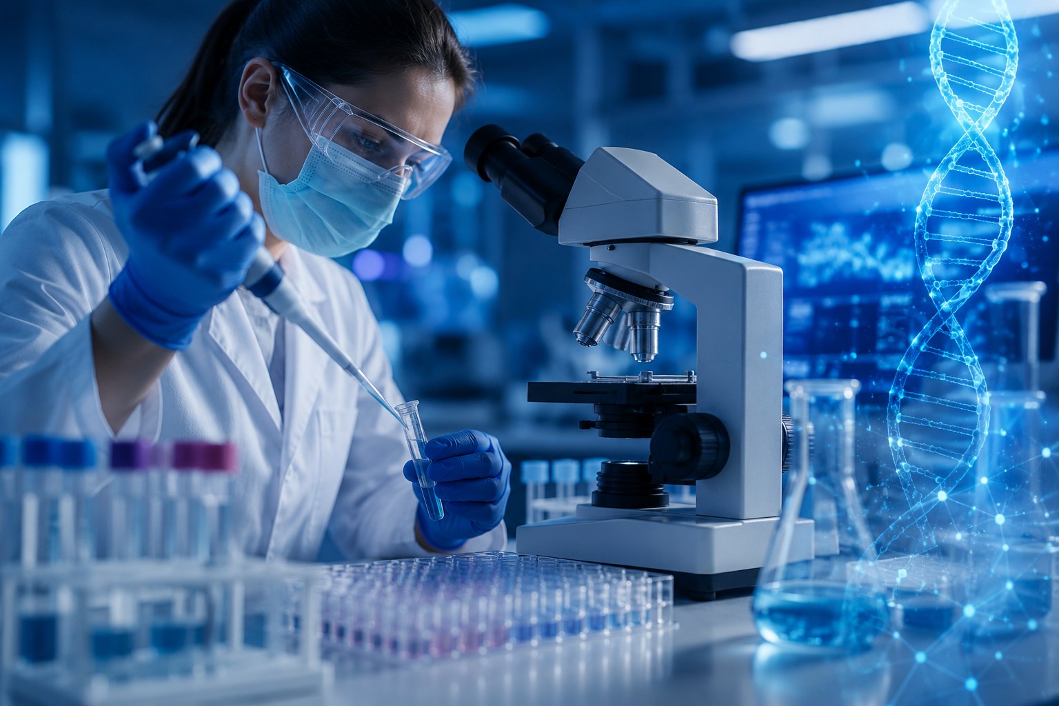 Investigación en laboratorio: pipeteo de muestra junto a microscopio y matraces con reactivos